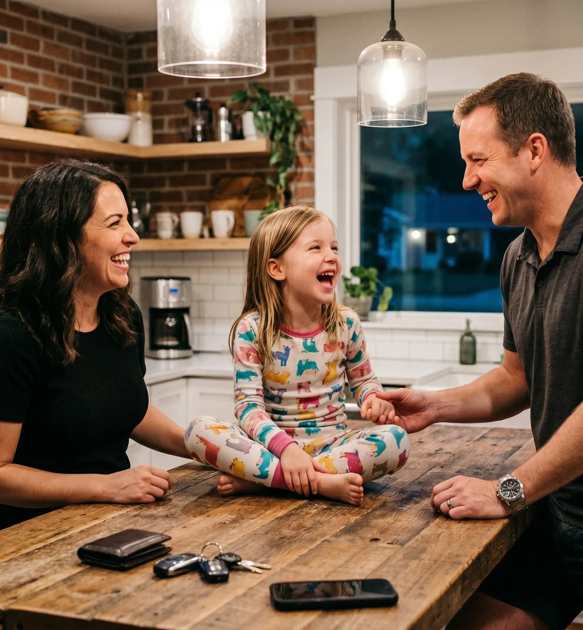 Australian bathroom renovator relaxing at home in the evening, laughing with his wife and young daughter while his phone sits face-down on the kitchen bench — a new job lead arriving through Leadkit without him lifting a finger.